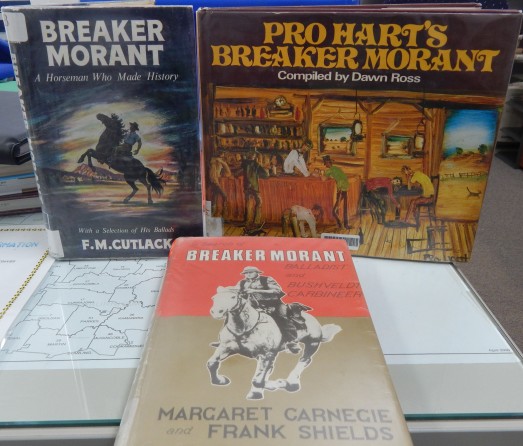 Parkes Library has a number of other books which focus on Breaker Morant. Pictured here are Breaker Morant: A Horseman Who Made History by F.M. Cutlack; Pro Hart's Breaker Morant complied by Dawn Ross and In Search of Breaker Morant: Balladist and Bushveldt Carbineer by Margaret Carnegie and Frank Shields. Photograph by Dan Fredericks (Parkes Library) taken on March 10th 2017