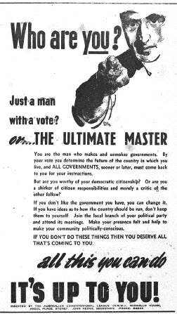 Advertising for democracy and citizenship! This advertisement is on behalf of the Australian Constitutional League and encourages each voter to join and be active in whatever political party they vote for. It is also loaded with emotive statements, railing against political apathy. Source: The Champion Post Thursday February 15, 1945 page 6