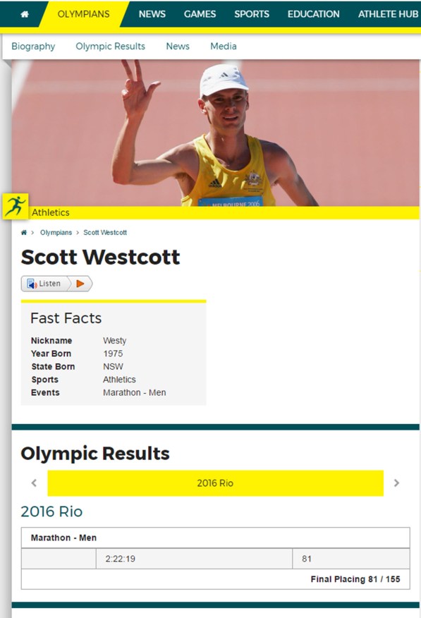Scott Westcott's profile on the Australian Olympic Committee's website. Scott finished the marathon in a time of 2:22:19 and finished 81st out of the 155 competitors. Source: Australian Olympic Committee website