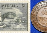 Two images from 1932. On the left, a postage stamp commemorating the opening of the Sydney Harbour Bridge, which was officially opened on March 19, 1932. On the right is an Australian penny made in 1932. Source: Postage stamp from Wikimedia Commons and One penny from TDK Australian Pre-Decimal Coins website