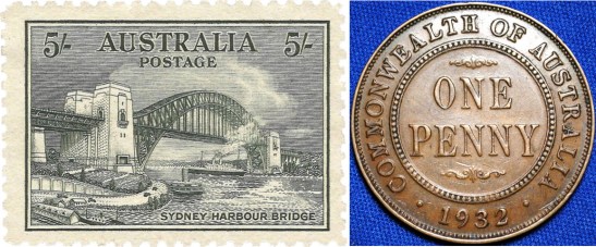 Two images from 1932. On the left, a postage stamp commemorating the opening of the Sydney Harbour Bridge, which was officially opened on March 19, 1932. On the right is an Australian penny made in 1932. Source: Postage stamp from Wikimedia Commons and One penny from TDK Australian Pre-Decimal Coins website