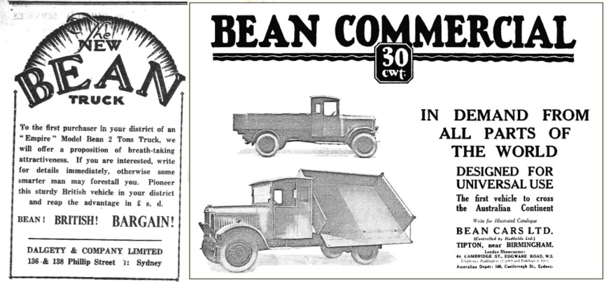 If Parkes residents wanted the finest in automotives in 1932, they would have bought British! On the left is an advertisement for the new "Empire" Model Bean 2 Tons truck. Right is an image of one of the many Bean Commercial vehicles - highlighting it was the first vehicle to cross the Australian continent! Sources: The Western Champion Thursday June 23, 1932 page 10 and An advert from The Times Trade & Engineering Supplement, 25th May, 1929 found on British History website