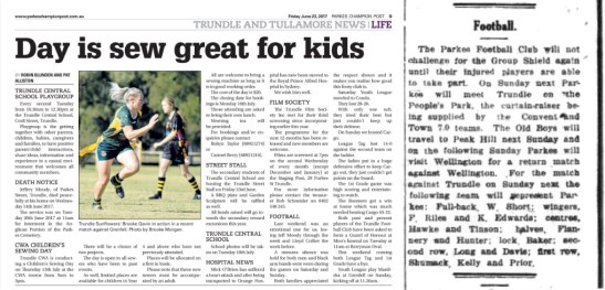 Comparing two newspapers. On the right a small section dedicated to football (rugby league) mentioning Trundle. Apart from an even smaller article about weather, Trundle isn't mentioned again. Compared to a half-page in the present day newspaper, including a colour photograph. The idea of women playing sport (with the exception of tennis and swimming) was unthinkable in 1932. People's Park is the previous name to present day Pioneer Memorial Oval. Sources: Parkes Champion Post Friday June 23, 2017 page 9 and The Western Champion Thursday June 23, 1932 page 6