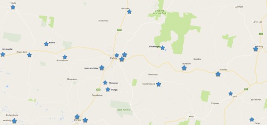 Searching through Trove there are reports of snow in the following areas going back to 1898. The stars indicate snow reported in or around these areas. The higher altitude places - such as Bumberry Hills and Mount Canobolas (in Orange, not on map) regularly have had snowfall. However Parkes and Forbes have experienced snow albeit less often. The towns were listed as receiving snow in Western Champion between 1898 and 1934 Map credit: Google maps