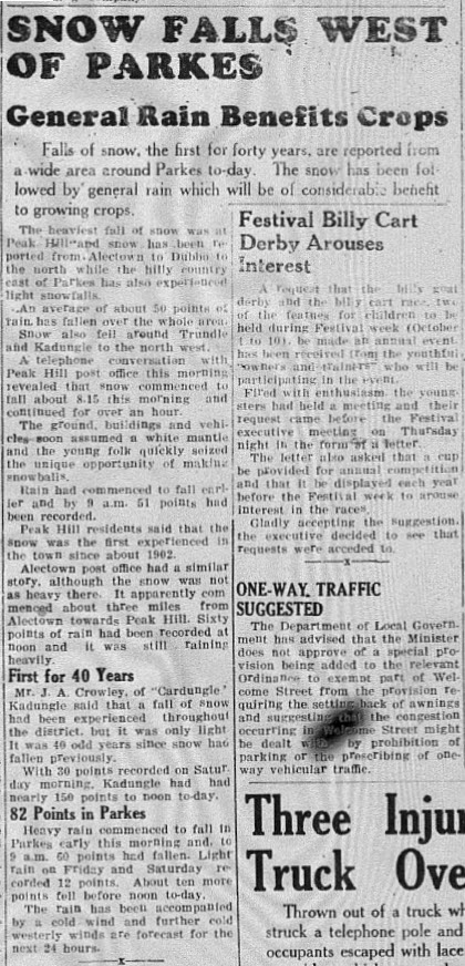 The newspaper article heralds the benefits of the snow, mainly the rain that followed for thirsty crops. Interesting that it reports this is the first snow for 40 years. This is not necessarily inaccurate, depending on where the actual snowfalls occurred. The rainfall is quite high, using the Bureau of Meteorology's conversion calculator 82 points = 20.8 mm; and 150 points = 38.1mm (http://www.bom.gov.au/lam/calc.shtml) Source: Parkes Champion Post Monday August 23, 1948 page 1