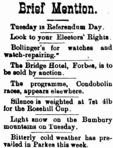 Snow again in Bumberry, this time June 1899. Source: Western Champion Friday 16 June, 1899 Page 8