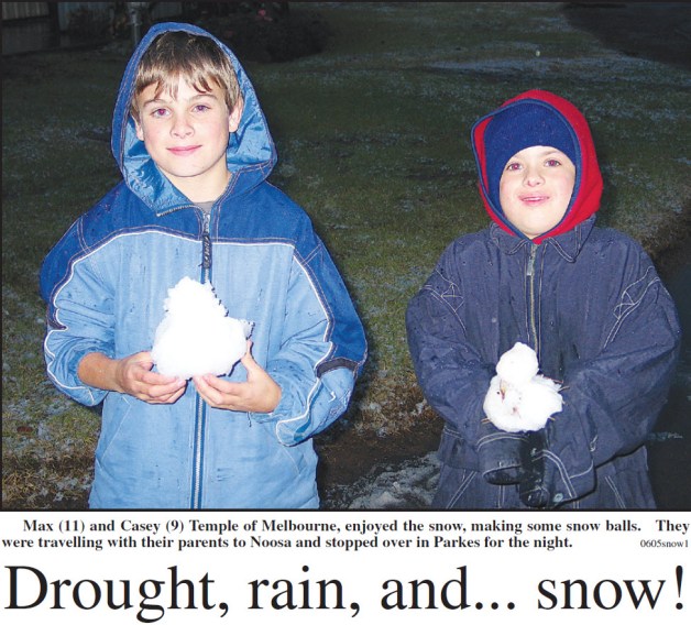 The headline highlights the contrary Australian weather! The front page of the local newspaper featured two boys on holiday with their parents and stopping off in Parkes on the very day that it snowed! Source: Parkes Champion Post Friday June 24, 2005 page 1