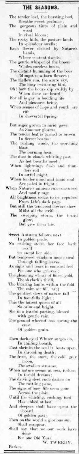 A local poet highlighting the seasons of the Parkes Shire. Source: Western Champion Friday 3 February, 1899 page