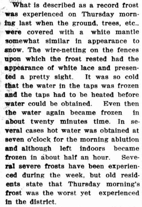 While Tullamore has yet to experience snow, another severe cold snap meant that Tullamore had thick frost which at first glance looked like snow. Source: Western Champion Thursday 25 July 1918 page 24
