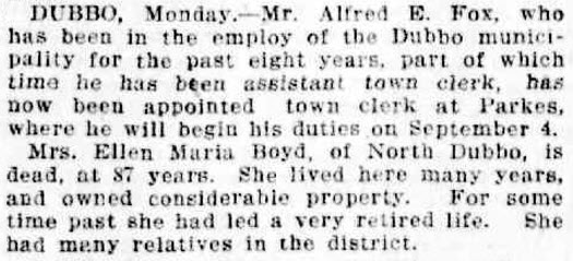 Excerpt from newspaper report on Country News of the appointment of Parkes' new town clerk, Alfred E Fox. Source: The Daily Telegraph Tuesday 22 August 1916 page 6