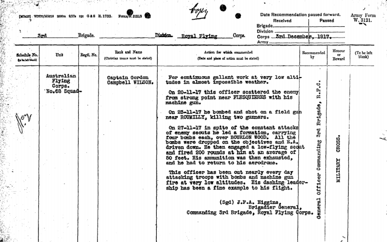 Captain Wilson's recommendation for a Military Cross, highlighting his gallantry and skill as a pilot for the Australian Flying Corps. Source: Australian War Memorial website as found at https://s3-ap-southeast-2.amazonaws.com/awm-media/collection/RCDIG1068780/document/5517112.PDF