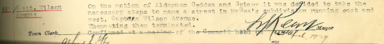 Scanned excerpt from Parkes Municipal Council minutes, highlighting that Captain Wilson Avenue would become one of the street names of Parkes. Source: Parkes Municipal Council Meeting Minutes April 12th, 1929  