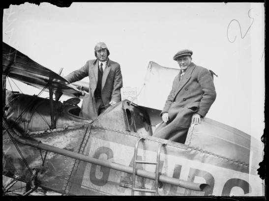 Aviators Captain Gordan Wilson and Frank Buchan in their Bristol Tourer at Mascot, Sydney, 1928 from a Fairfax archive of glass plate negatives. Source: Trove