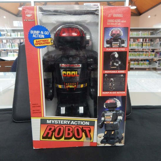 Toy robot inside original packaging. This item would have gone on sale in the early to mid 1980s. This item on loan courtesy of Dad & Dave's Collectables http://www.facebook.com/dadanddave