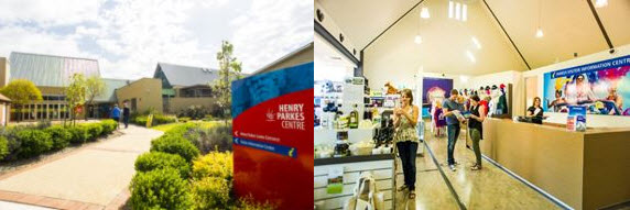Two photographs of Parkes Visitor Information Centre. Located within the Henry Parkes Centre on the Newell Highway, the centre offers a range of souvenirs, regional produce and essential items. The friendly staff can assist you with all your tourism needs including a wide range of local information on accommodation, events and attractions, destination brochures and maps. Source: Visit Parkes website