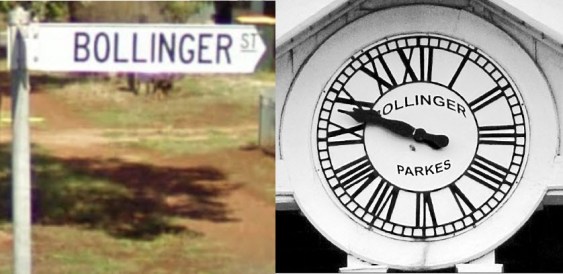 Bollinger Street sign and the clock that A G F Bollinger installed at the Post Office in 1895. Source: Street Sign from Google Maps, Clock face photograph from Parkes Champion Post Monday May 23, 2011 page 7