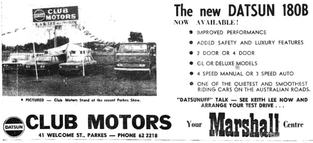 Motoring advertising in 1972 - featuring more "puntastic" efforts from Parkes Shire business folk! Source: Parkes Champion Post Monday September 18, 1972 page 4