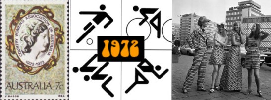 Images of 1972: Australian postage stamp commemorating 50th Anniversary of the Country Women's Association Designed by Val Mason, issued 18th April 1972 with perforation 13½ x 13½; four of the icons for Olympic Games events, the pictograms by Otl Aicher for the Munich Games; inset a typical seventies font; and maxi dresses, mini skirts, knee socks and patterns that started occuring in 1972. Sources: Australian Stamp catalogue website; Super Seventies website; Iconutopia; Huffington Post.