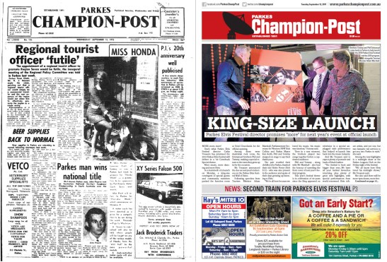 Front page comparison of Parkes Champion Post in 1972 and 2017. In 1972 the main article is regarding the futility of appointing a regional tourist officer, with the region being too large for one person to effectively promote. Also on the front page are reports on beer supplies being replenished and Parkes resident, John Pizarro being crowned Australian National Go-Kart Roadrace champion. The contemporary front page is in colour and contains only one article. The launch for Elvis Festival 2018. Source: Parkes Champion Post Wednesday September 13, 1972 and Parkes Champion Post Tuesday September 13, 2017