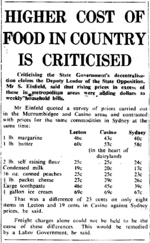 Today's readers may marvel at the cost of grocery items back in 1972. However the comparison between city and country prices continues today. Source: Narromine News & Trangie Advocate Tuesday September 5, 1972 page 3