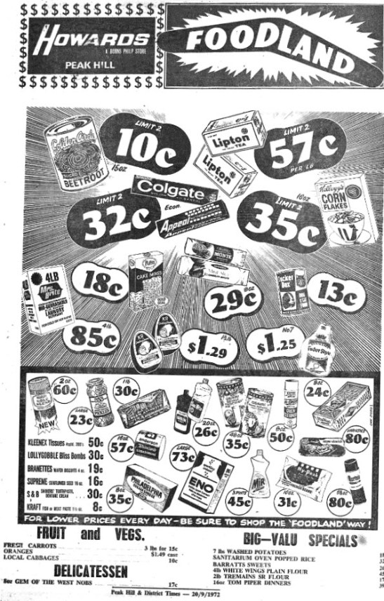 Popular stores, this advertisement was for Howards stores' Peak Hill site and was usually what readers found on the second page of their local newspaper. Source: Peak Hill & District Times Wednesday September 20, 1972 page 2