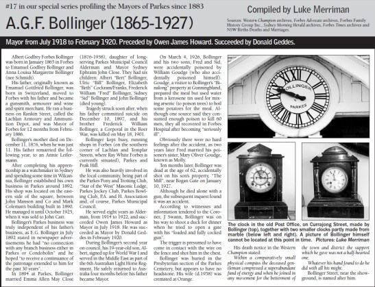 When editor of Parkes Champion Post, Luke Merriman researched a series on the former Mayors of Parkes. This feature on A.G.F. Bollinger was one of the few to not feature any photographs of person profiled. Source: Parkes Champion Post Monday, May 23, 2011 page 7