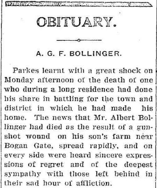 An extract of the Obituary for A.G.F. Bollinger which details the high regard he was held in, as well as the impact he had on the community. To read the full obituary, click here. Source: Western Champion Thursday January 13, 1927 page 11