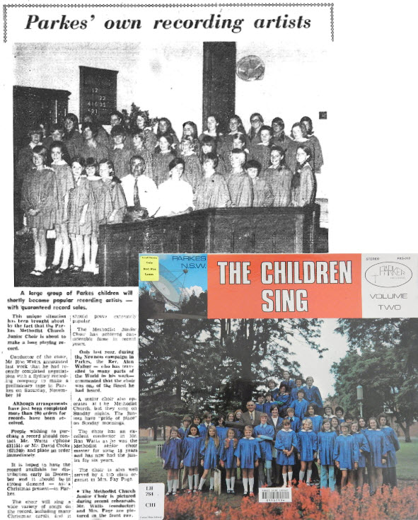 Parkes has an extensive relationship with musical artists, and this 1972 report showcases new talent from the shire. Parkes Methodist Church Junior Choir produced a record of their singing. Today the Methodist Church is Parkes Uniting Church and records have been replaced by CDs and digital music platforms. Source: Parkes Champion Post Wednesday October 18, 1972 page 3. Photograph is the second long playing record that Methodist Junior Choir recorded in 1974. Volume 1 was recorded in Parkes on Saturday November 16 and available for sale the following month.