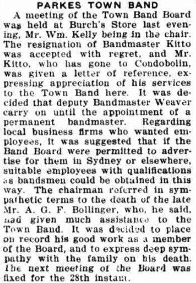 One of the many organisations that benefitted from Bollinger's services. Source: The Forbes Advocate Friday February 18, 1927 page 8