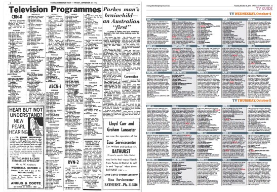 TV Guide 1972 (left) and 2017 (right). Many programs that debuted in the seventies are now on secondary channels, and rural television networks are aligned to the larger metropolitan networks. Source: Parkes Champion Post Friday September 29, 1972 page 4 and Parkes Champion Post Tuesday October 3, 2017 page 9