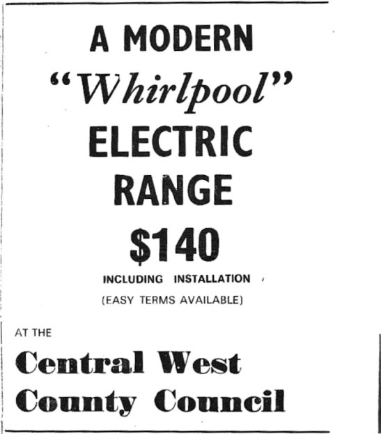 Modern appliances in 1972. This advertisement contains no images, and is unclear in 2017 what the item is. While only speculation, it is likely to be for a washing machine, similar to this one which was released in 1972 https://youtu.be/MzKg14xxyOM Source: Parkes Western People Thursday September 21, 1972 page 2