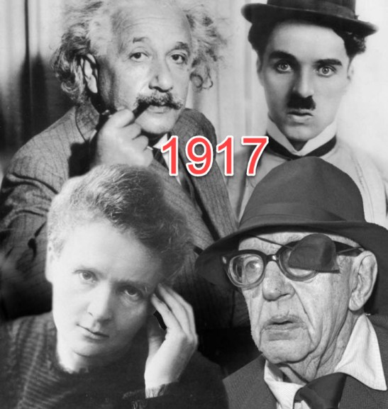 Deemed "the year that changed the world" 1917 was an eventful year full of firsts. This image shows four influential people from 1917. Clockwise from top left: Albert Einstein, Charlie Chaplin, Marie Curie and John Ford. Source: Belfast Telegraph website