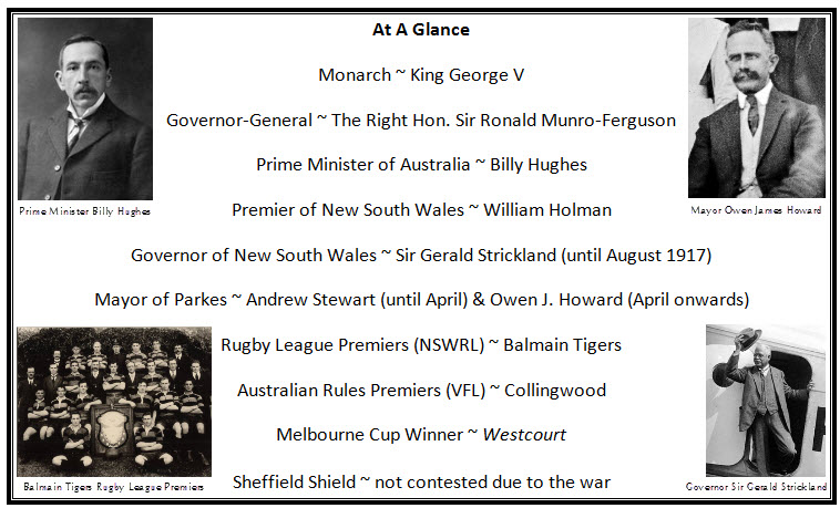 A snapshot of statistics from 1917. The reigning monarch was King George V. Governor-General of Australia was the Right Honourable Sir Ronald Munro-Ferguson. Prime Minister of Australia was Billy Hughes. Premier of New South Wales was William Holman. Governor of New South Wales was Sir Gerald Strickland until October 1917 - although Sir Walter Davidson didn't officially become the new Governor until 17 February 1918. There were two Mayors of Parkes in 1917 with Andrew Stewart Mayor until April and then Owen James Howard was voted in and remained Mayor until June 1918. The New South Wales Rugby League competition (forerunner to NRL) saw Balmain Tigers crowned champions, with Collingwood winning the VFL (precursor to AFL). The Melbourne Cup was won by "Westcourt". The cricket state competition the Sheffield Shield was not contested due to the war.