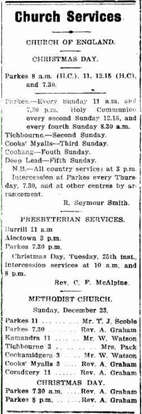 An advertisement in the local paper advising of the church services on Christmas Day 1917. Church of England (now called Anglican), Presbyterian and Methodist (now Uniting Church) are listed along with the various locations. Source: Western Champion Thursday 20th December 1917 page 17