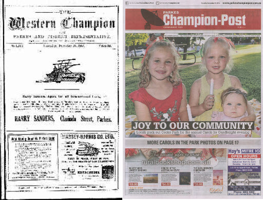 Front page comparison of Western Champion in 1917 and Parkes Champion Post in 2017. In 1917 the front cover had three advertisements, all for agricultural needs. The colour front cover of 2017 also has three advertisements - one for an online bookshop, one for local hardware store and a gifts and gardenware shop - plus a colour photograph of young locals at the Carols by Candlelight evening in Cooke Park. Source: The Western Champion Thursday 13th December 1917 page 1 and Parkes Champion Post Tuesday December 12, 2017 page 1.