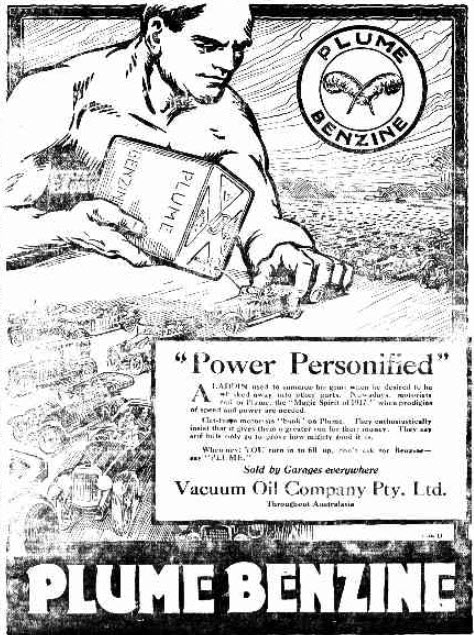 A new product for motorists (it was introduced the year earlier) was Plume Benzine - a motor spirit produced and sold by Vacuum Oil Company. Vacuum Oil Company eventually became part of Mobil, now known as ExxonMobil. Source: The Western Champion Thursday 13th December 1917 page 4