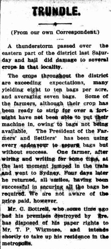 Even one hundred years ago, farming was a difficult endeavour. With crop yields looking to exceed expectations, farmers experienced the devastation of crop damage due to hail. Source: Western Champion Thursday 20th December 1917 page 17