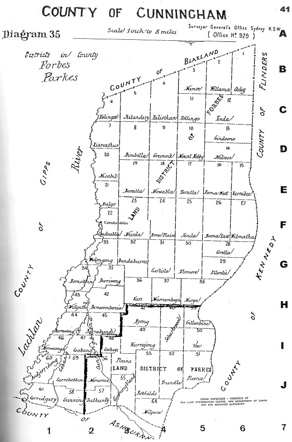 Reproduction of map of the county of Cunningham. For presentation purposes, the compiler of maps, Alice Jansen, has rotated the map 90 degrees. The County of Gipps is south of Cunningham, with Ashburnham to the south-east. Source: Jansen, A. (1999). County & Parish Maps of N.S.W. with index (map). Emu Plains, NSW: Genial Enterprises page 41