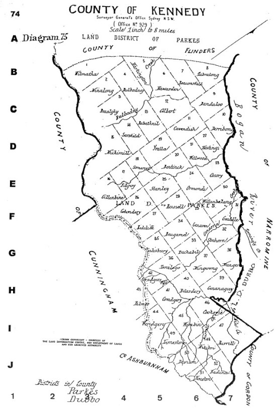 Illustration of the map of Kennedy county. For presentation purposes, the compiler of maps, Alice Jansen, has rotated the map 90 degrees. Narromine County is north of Kennedy, with the counties of Cunningham and Ashburnham to the south. Source: Jansen, A. (1999). County & Parish Maps of N.S.W. with index (map). Emu Plains, NSW: Genial Enterprises page 74