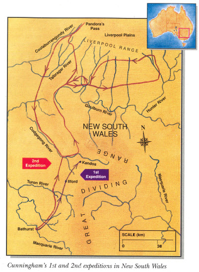 Image highlighting Cunningham's 1st and 2nd expeditions in New South Wales. Source: Jensen, J. & Barrett, P. (1996). Australian Explorers: Allan Cunningham. Brisbane, QLD: Future Horizons Publishing. page 15