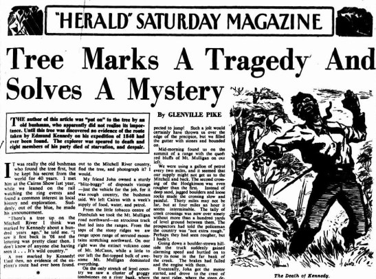 An excerpt from newspaper article about the tragedy and mystery involving Kennedy's death. To read the full article click here. Source: "HERALD" SATURDAY MAGAZINE (1949, October 1). The Sydney Morning Herald (NSW : 1842 - 1954), p. 7. Retrieved January 22, 2018, from http://nla.gov.au/nla.news-article18135482
