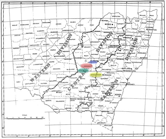 Map of New South Wales counties. In red is the location of Kennedy county, with green for Cunningham, blue for Narromine and yellow for Ashburnham. Source: County &amp; Parish Maps of NSW compiled by Alice Jansen (1991) Genial Enterprises: Emu Plains NSW 2750 (page 5)