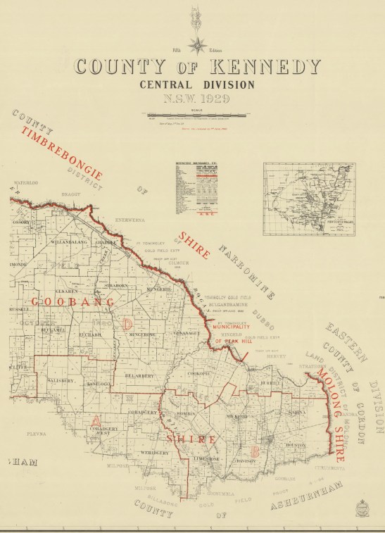 Reproduction of map of County of Kennedy. Most of the now amalgamated Goobang Shire formed a large percentage of Kennedy County. The border to the north meant that most of Peak Hill was in adjacent Narromine County. Source: Trove website