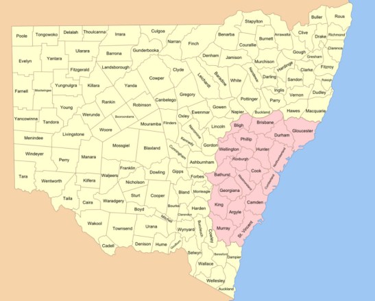 Map of the 141 counties of New South Wales (this is prior to the establishment of the Australian Capital Territory). The four counties that encompass the modern day Shire of Parkes include parts of Kennedy, Cunningham, Narromine and Ashburnham counties. The original Nineteen Counties are shown in pink Source: Wikipedia