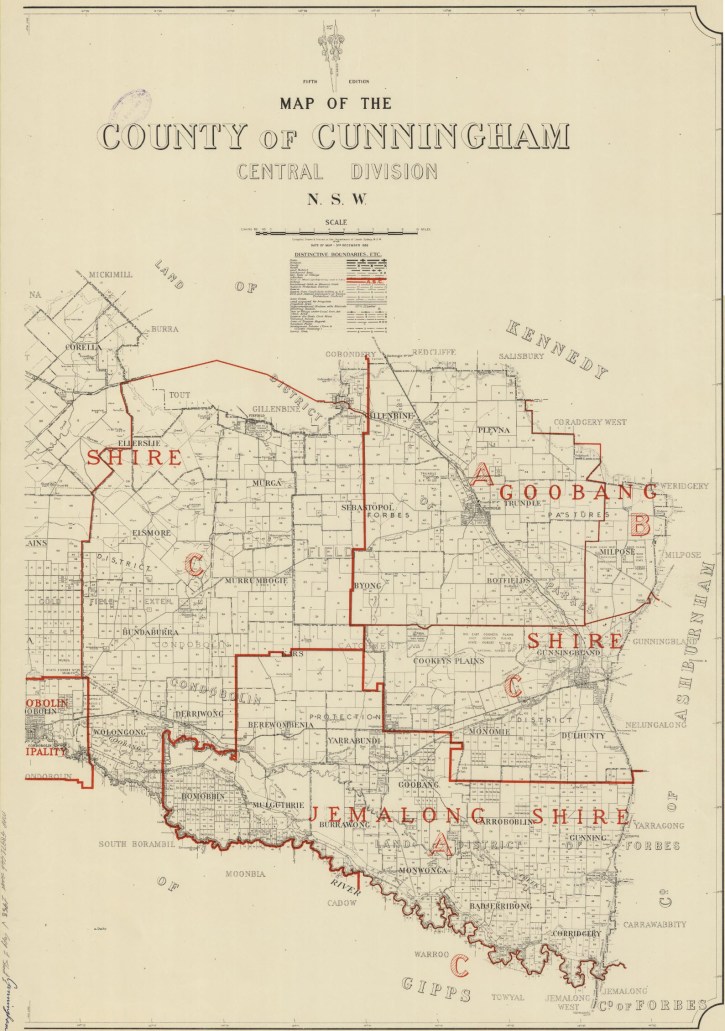 Map of the County of Cunningham which was compiled, drawn & printed at the Department of Lands in 1958. Source: Trove website the address is http://nla.gov.au/nla.obj-233844715