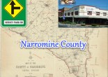 Montage to Narromine County. Background is the map of the county of Narromine. Overlayed are a replica of the road sign to Hervey Park Road, Peak Hill and photograph Lindner Corner situated on Newell Highway and Mingelo Street, Peak Hill. Images source: Map from Trove; road sign made using images from Roads and Maritime Services and Snagit; and photograph from Peak Hill website