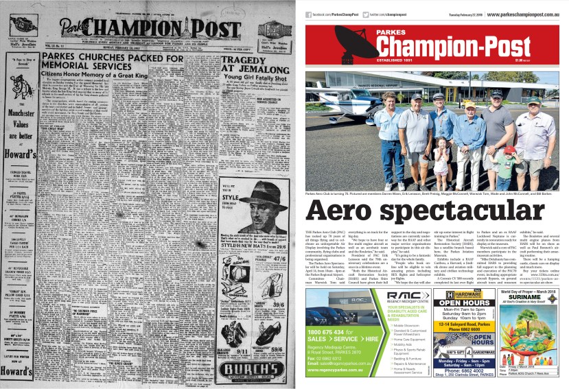 Front page comparison of Parkes Champion Post in 1952 and 2018. Prior to the installation of 'The Dish' our iconic landmark was Memorial Hill monument. Colour printing was still too expensive and there was plenty of reading material on the front page, compared to today where the use of colour, bold type and images are used to capture a reader's attention. Source: Parkes Champion Post Monday February 18, 1952 page 1 and Parkes Champion Post Tuesday February 27, 2018 page 1