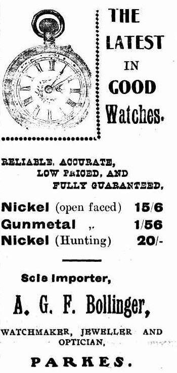 Another retailer who would one day be Mayor of Parkes was A.G.F. Bollinger. Watchmaker, jeweller and optician, Bollinger's store was well known throughout the district. Source: The Western Champion March 20, 1913 page 9