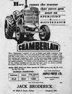 While contemporary readers will remember Broderick Motors as retailers of Holden vehicles, in 1952 Jack Broderick sold Chamberlain tractors. Source: The Champion Post February 7, 1952 page 9