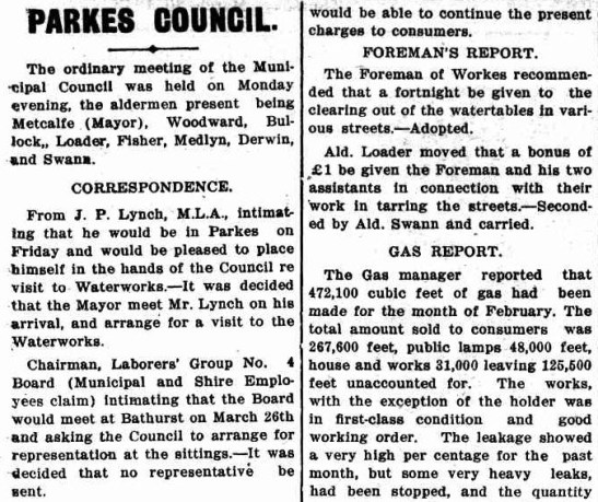An excerpt of the Parkes Council report that featured in the local newspaper. Source: The Western Champion Thursday March 20, 1913 page 11